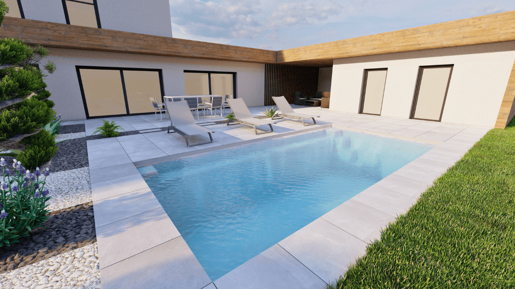 Angélite – Piscine compacte avec banquette longitudinale